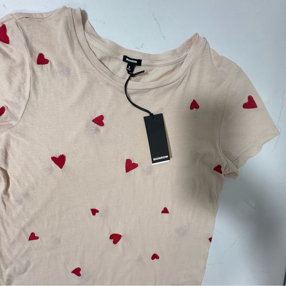 Monrow Embroidered Hearts Soft Baby T-Shirt Pink Red NWT Small - Picture 9 of 13